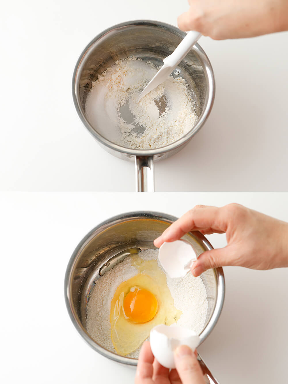 小鍋にグラニュー糖と小麦粉を合わせてよくすり混ぜ、卵を加えてよく混ぜる。ここに牛乳を少しずつ加える。